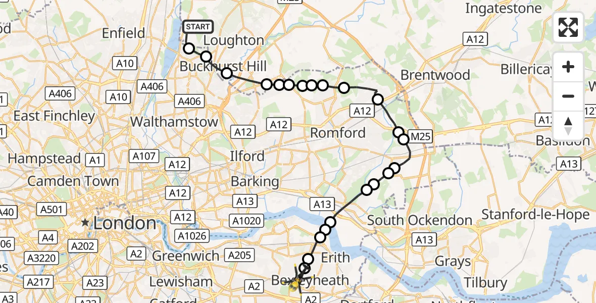 Flight route Police Helicopter Sewardstonebury - Bexleyheath, 05 September 2026, 12:28