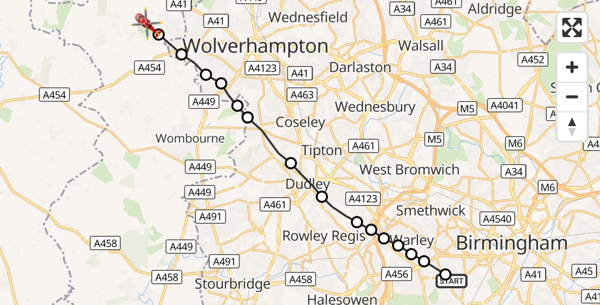 Flight route Air Ambulance Helicopter Metchley - South Staffordshire, 05 September 2026, 12:34