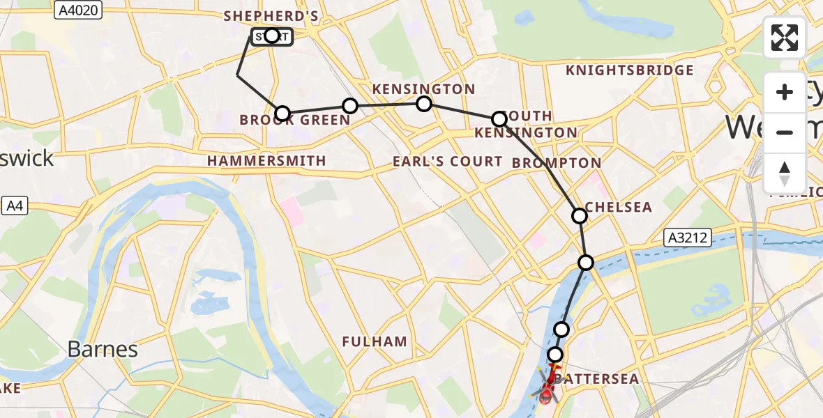 Flight route Air Ambulance Helicopter Shepherd's Bush - Wandsworth, 05 September 2026, 12:35