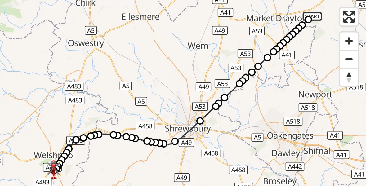 Flight route Air Ambulance Helicopter Newcastle-under-Lyme - Welshpool Airport, 05 September 2026, 12:47