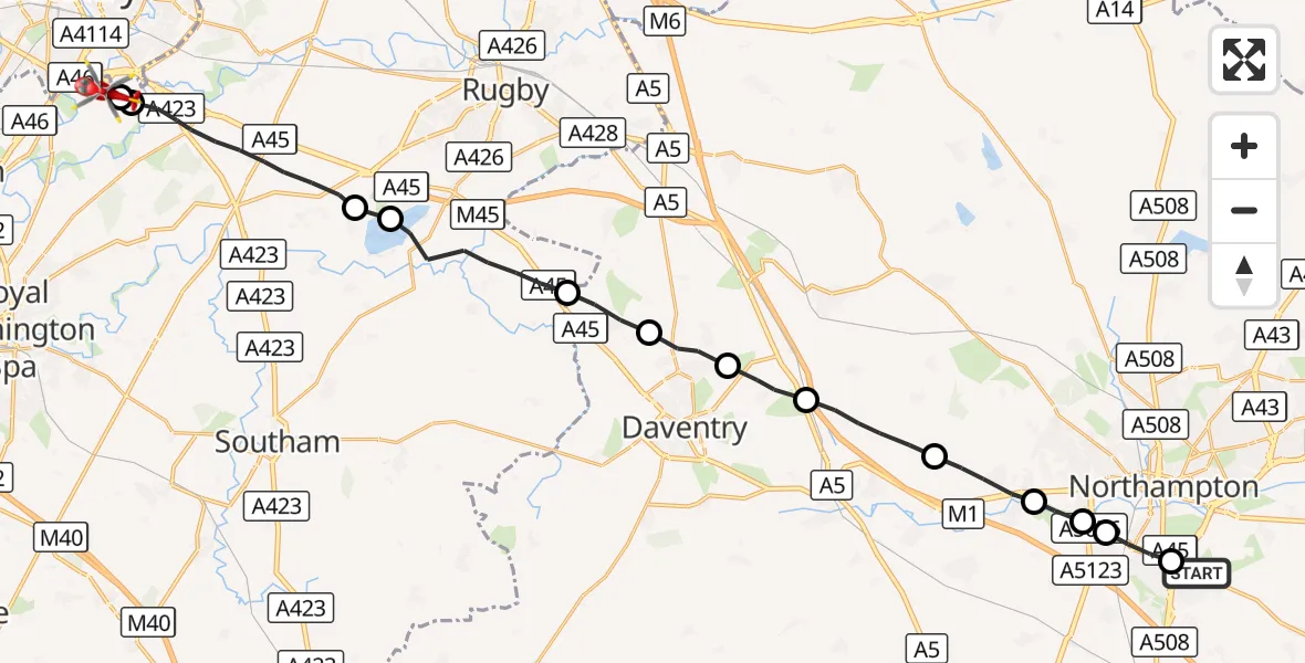 Flight route Air Ambulance Helicopter Hardingstone - Coventry Airport, 05 September 2026, 12:54