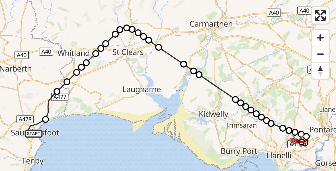 Flight route Air Ambulance Helicopter Saundersfoot - Dafen, 05 September 2026, 12:58