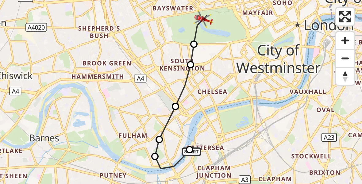 Flight route Air Ambulance Helicopter London Heliport - City of Westminster, 05 September 2026, 13:11
