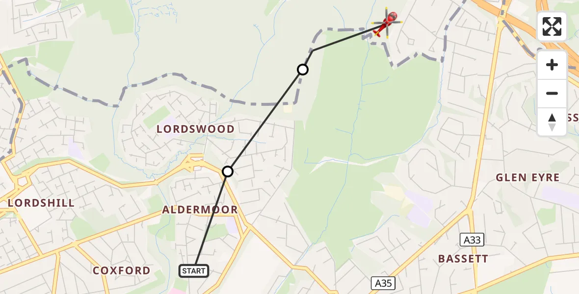 Flight route Air Ambulance Helicopter University Hospital Southampton - Chilworth, 05 September 2026, 13:15