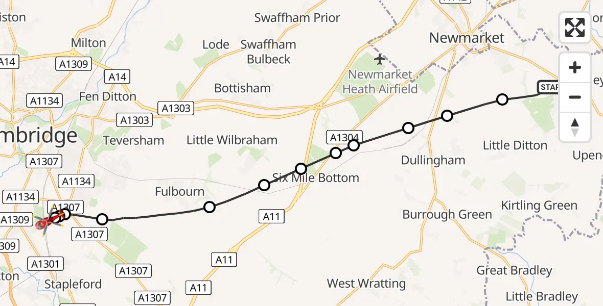 Flight route Air Ambulance Helicopter Cheveley - Papworth Hospital, 05 September 2026, 13:22