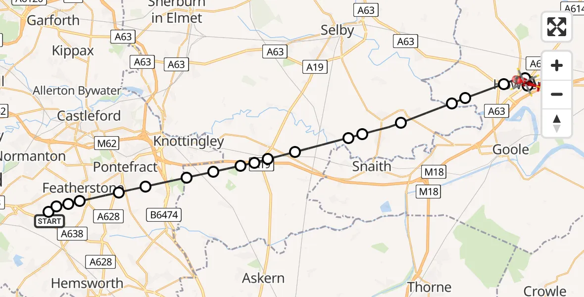 Flight route Air Ambulance Helicopter YAA Nostell Helicopter Port - Howden, 05 September 2026, 13:25