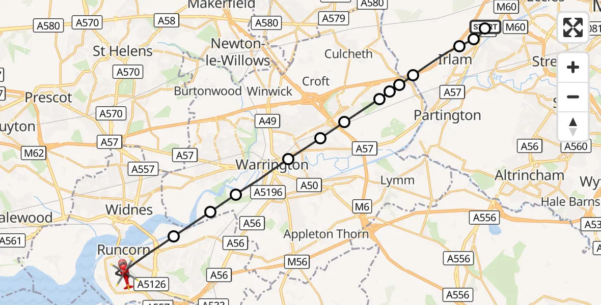 Flight route Air Ambulance Helicopter Manchester Barton Aerodrome - Runcorn, 05 September 2026, 13:31