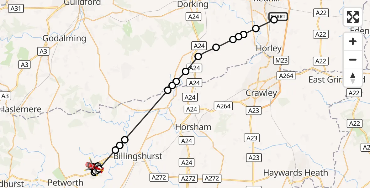 Flight route Air Ambulance Helicopter Redhill Aerodrome - Chichester, 05 September 2026, 13:31