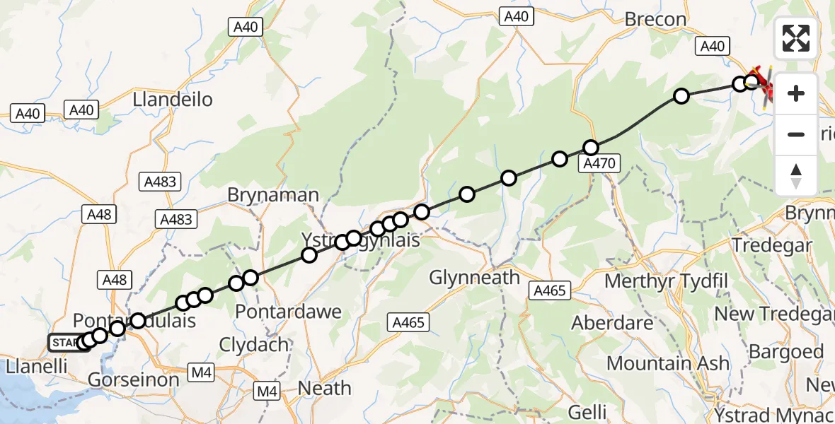 Flight route Air Ambulance Helicopter Dafen - Bwlch, 05 September 2026, 13:35