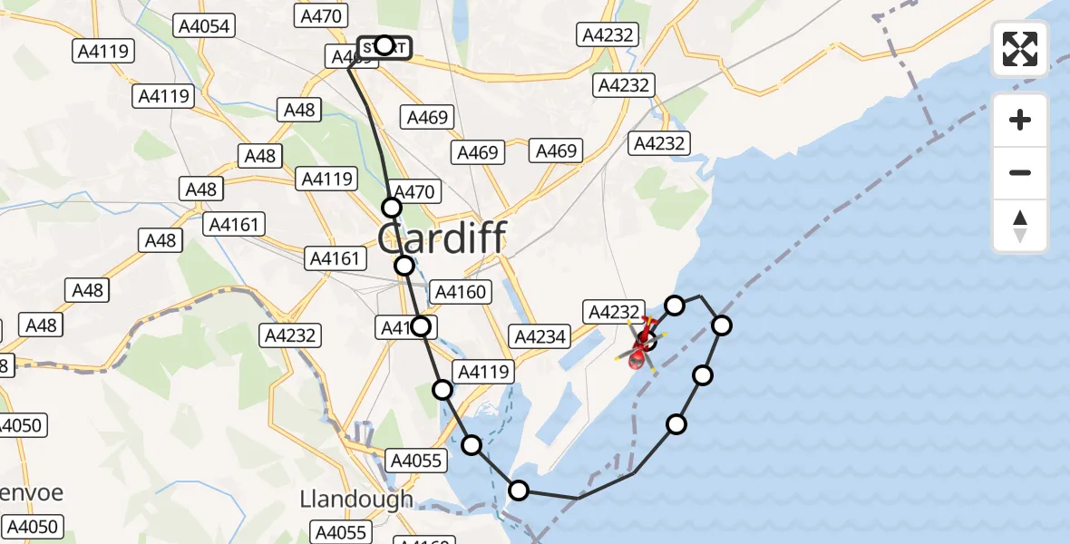 Flight route Air Ambulance Helicopter Birchgrove - Cardiff Heliport, 05 September 2026, 13:37