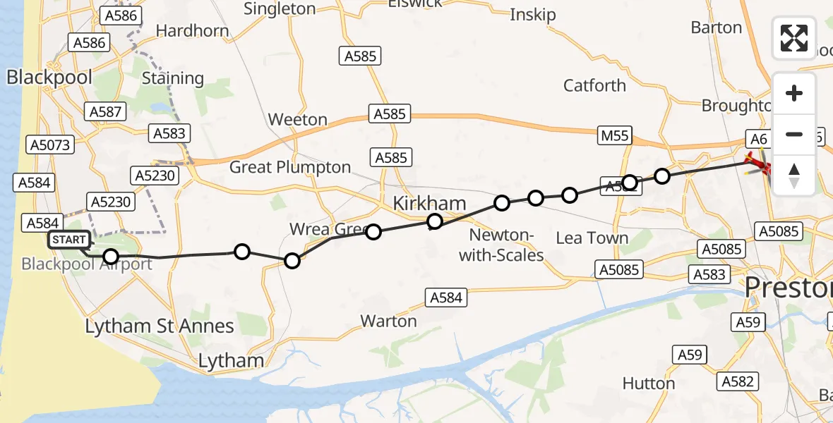 Flight route Air Ambulance Helicopter Blackpool Airport - Preston, 05 September 2026, 13:41