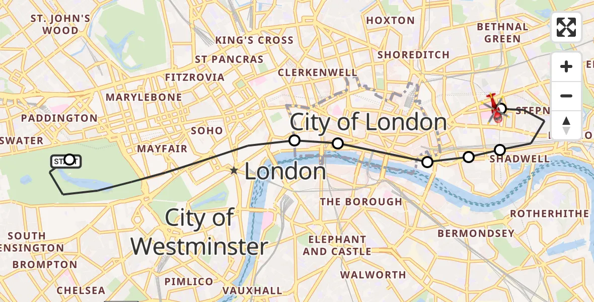 Flight route Air Ambulance Helicopter City of Westminster - Royal London Hospital, 05 September 2026, 13:52