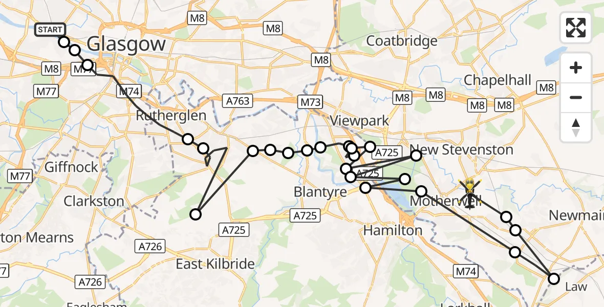Flight route Police Helicopter Glasgow - Motherwell, 05 September 2026, 13:55
