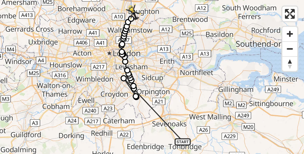 Flight route Police Helicopter Hildenborough - Chingford, 05 September 2026, 13:57