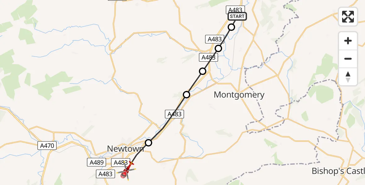 Flight route Air Ambulance Helicopter Welshpool Airport - Newtown, 05 September 2026, 14:02