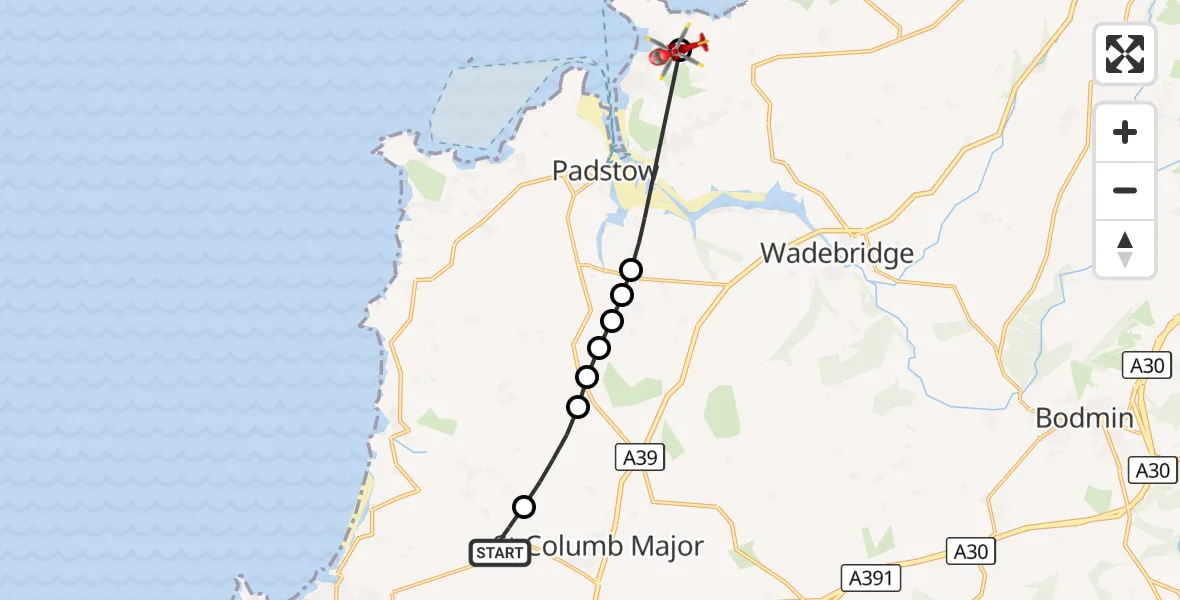 Flight route Air Ambulance Helicopter Cornwall Airport Newquay - Polzeath, 05 September 2026, 14:06