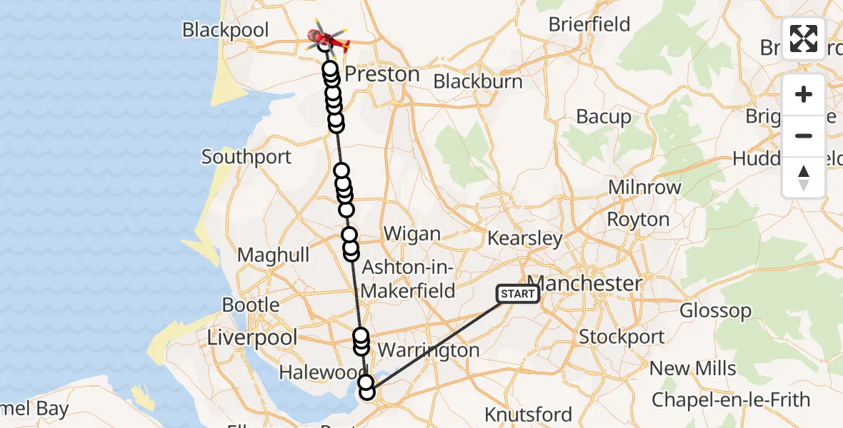 Flight route Air Ambulance Helicopter Manchester Barton Aerodrome - Fylde, 05 September 2026, 14:13
