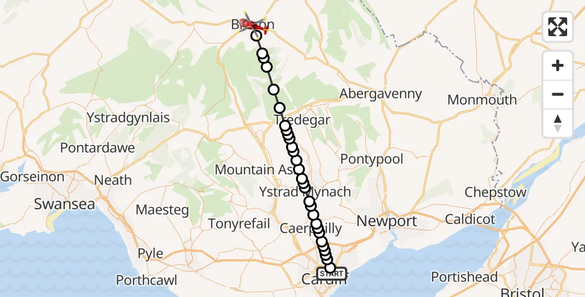 Flight route Air Ambulance Helicopter Roath - Brecon, 05 September 2026, 14:13