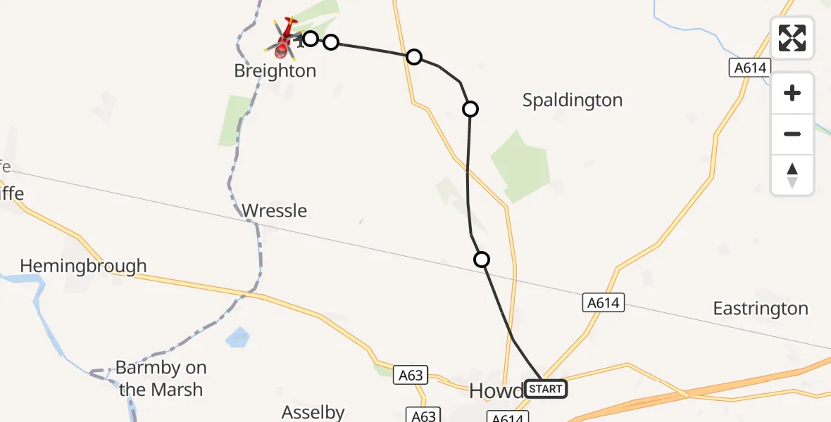 Flight route Air Ambulance Helicopter Howden - Breighton Airfield, 05 September 2026, 14:14