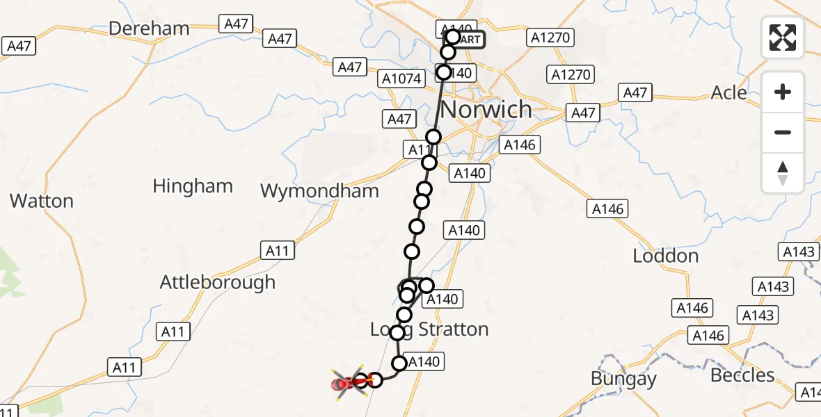 Flight route Air Ambulance Helicopter Norwich Airport - Tibenham Airfield, 05 September 2026, 14:17