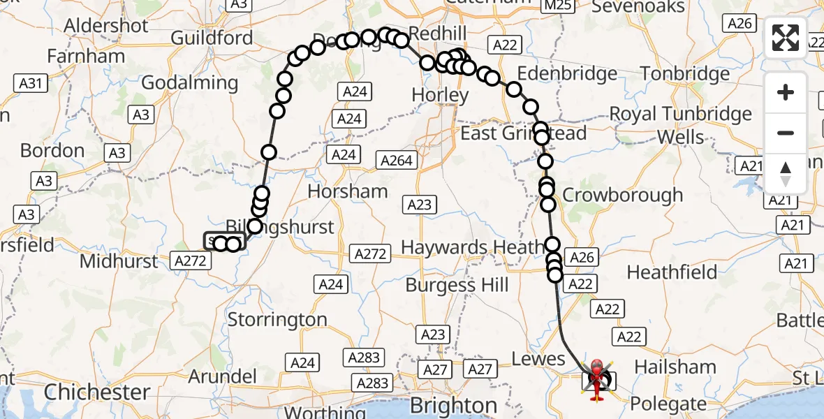 Flight route Air Ambulance Helicopter Chichester - Wealden, 05 September 2026, 14:25