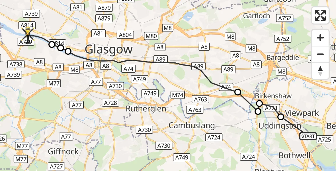Flight route Police Helicopter Bothwell - Glasgow, 05 September 2026, 14:32