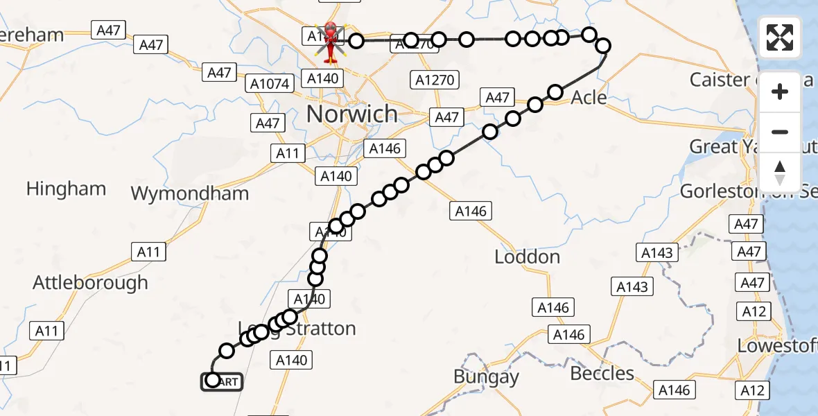 Flight route Air Ambulance Helicopter Tibenham Airfield - Norwich Airport, 05 September 2026, 14:36