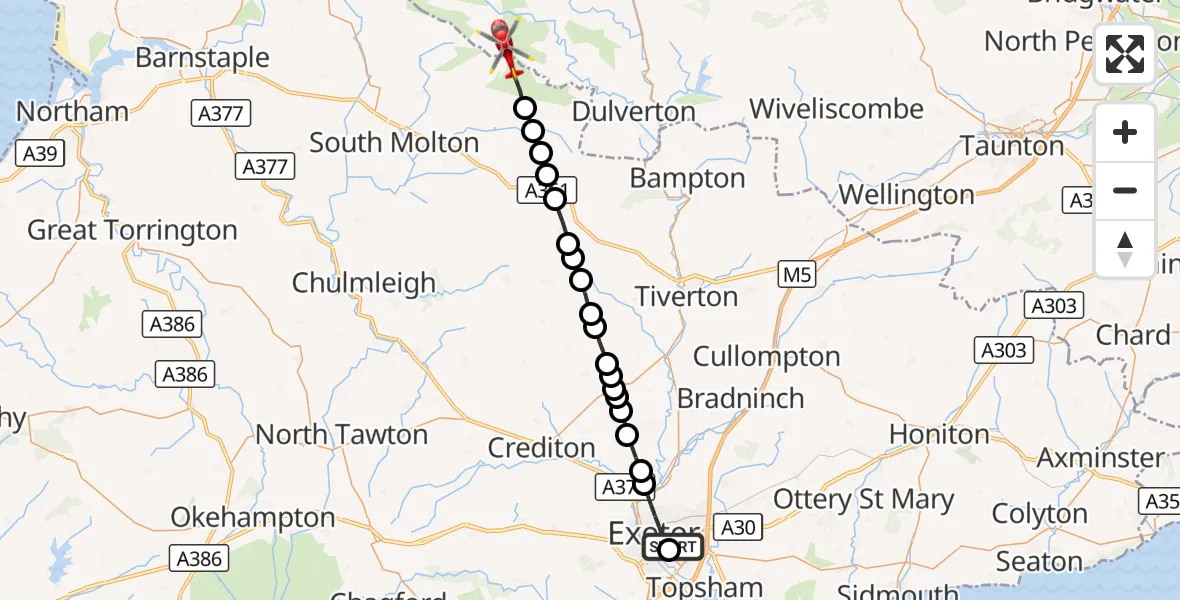Flight route Air Ambulance Helicopter Royal Devon & Exeter Hospital - North Devon, 05 September 2026, 14:39