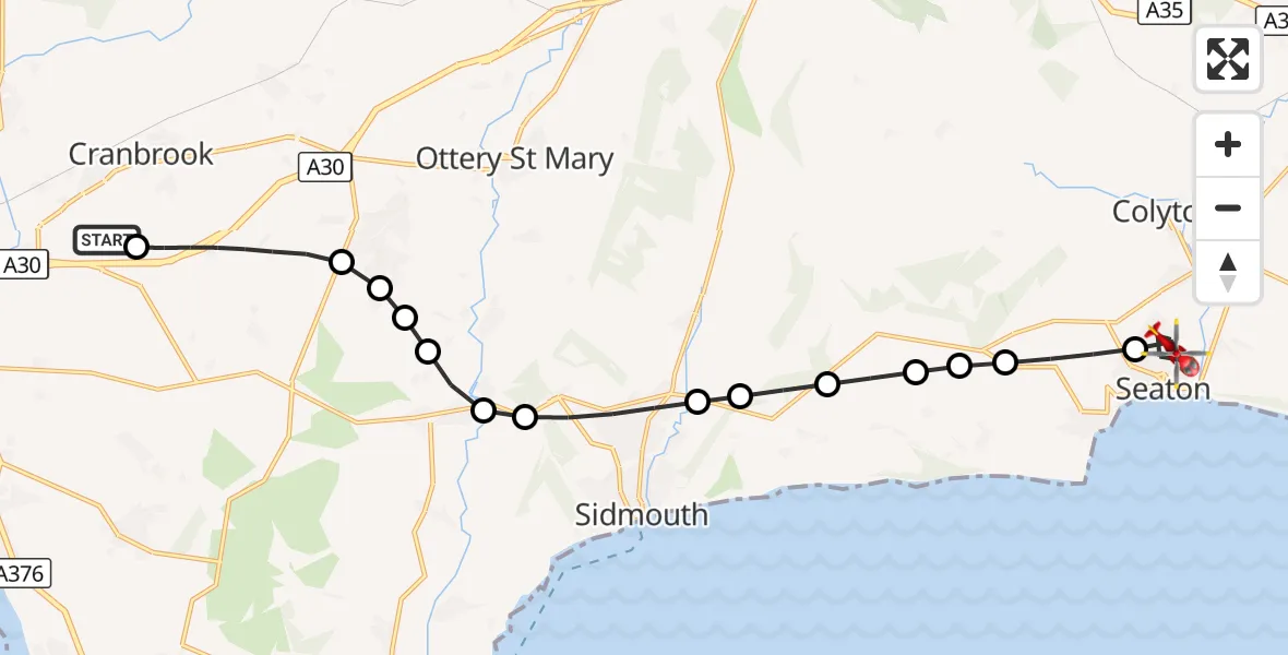 Flight route Air Ambulance Helicopter Exeter International Airport - Seaton, 05 September 2026, 14:43