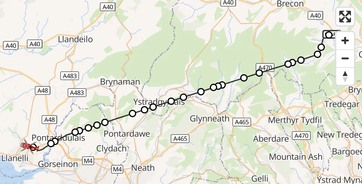 Flight route Air Ambulance Helicopter Bwlch - Dafen, 05 September 2026, 14:49