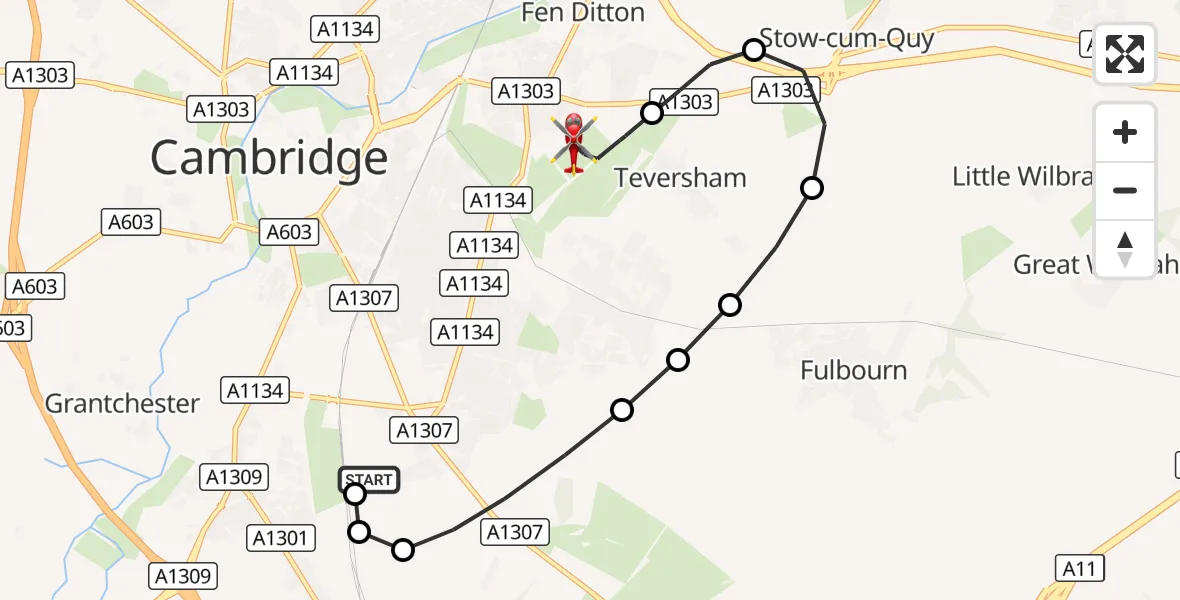 Flight route Air Ambulance Helicopter Papworth Hospital - Cambridge City Airport, 05 September 2026, 14:56