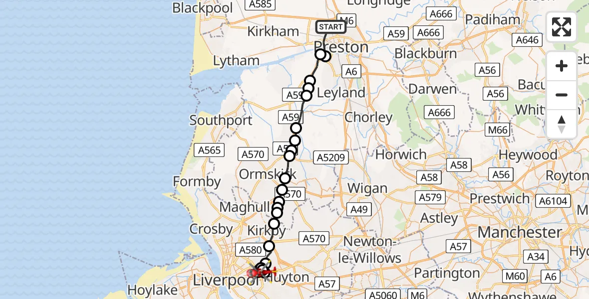 Flight route Air Ambulance Helicopter Preston - Knotty Ash, 05 September 2026, 14:56