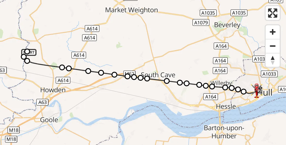 Flight route Air Ambulance Helicopter Breighton Airfield - Hull Royal Infirmary, 05 September 2026, 14:57