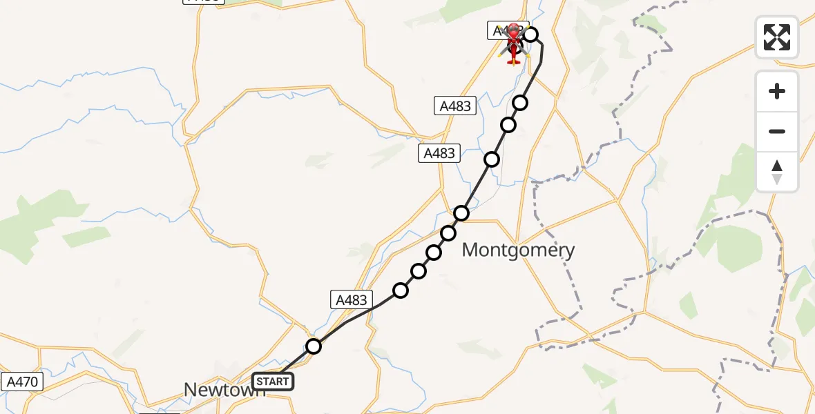 Flight route Air Ambulance Helicopter Newtown - Welshpool Airport, 05 September 2026, 15:10