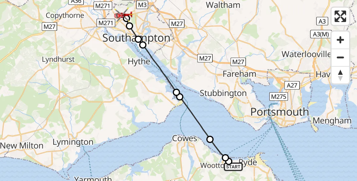 Flight route Air Ambulance Helicopter Ryde - University Hospital Southampton, 05 September 2026, 15:10