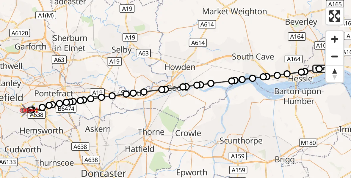 Flight route Air Ambulance Helicopter Hull Royal Infirmary - YAA Nostell Helicopter Port, 05 September 2026, 15:16