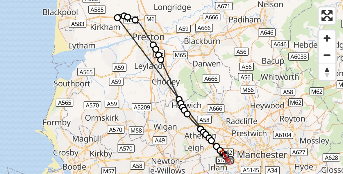 Flight route Air Ambulance Helicopter Manchester Barton Aerodrome - Irlam, 05 September 2026, 15:21