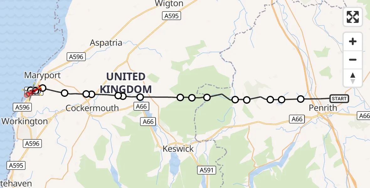 Flight route Air Ambulance Helicopter Penrith - Flimby, 05 September 2026, 15:27