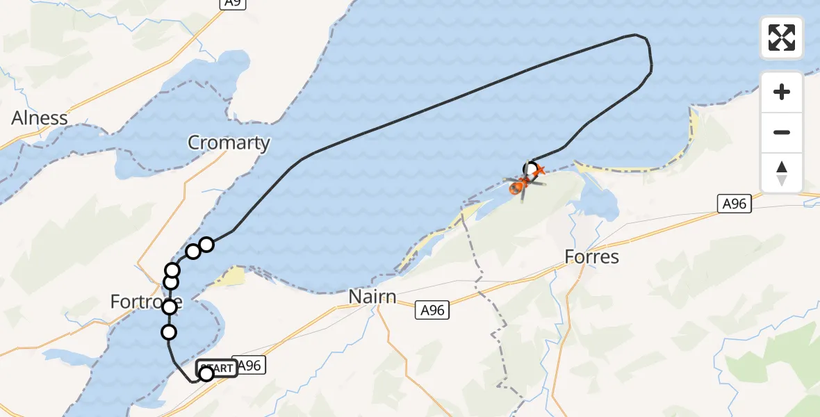 Flight route Coastguard Helicopter Inverness Airport - Buckie Loch, 05 September 2026, 15:35