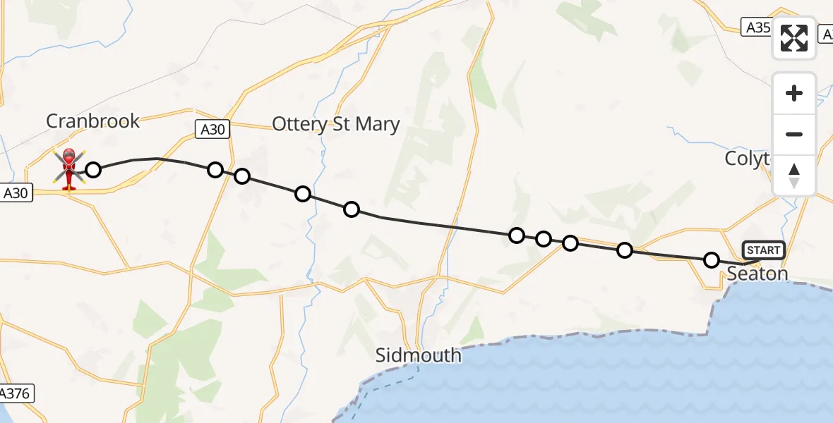 Flight route Air Ambulance Helicopter Seaton - Exeter International Airport, 05 September 2026, 15:36