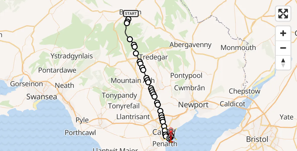 Flight route Air Ambulance Helicopter Brecon - Cardiff Heliport, 05 September 2026, 15:45