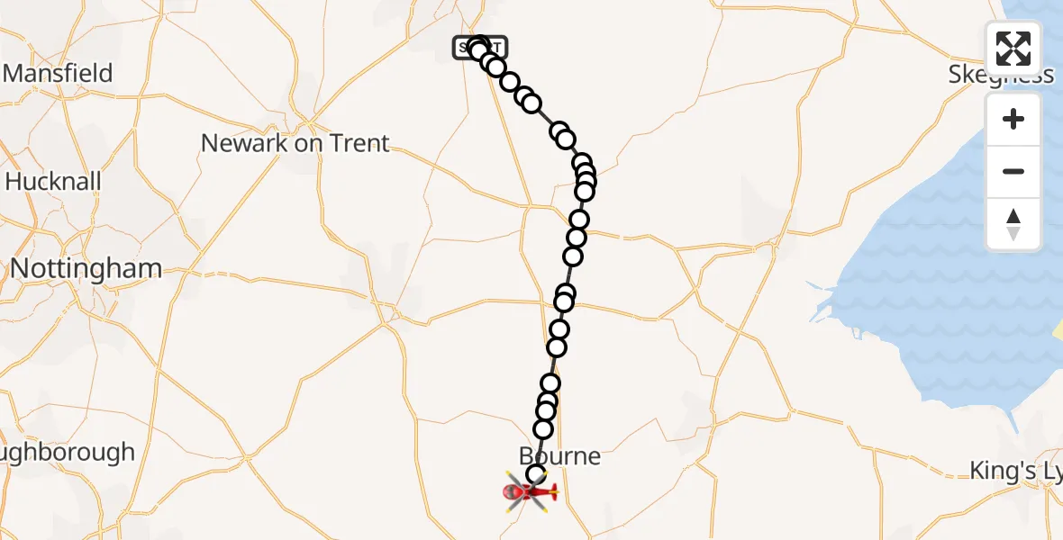 Flight route Air Ambulance Helicopter RAF Waddington - Toft, 05 September 2026, 15:47