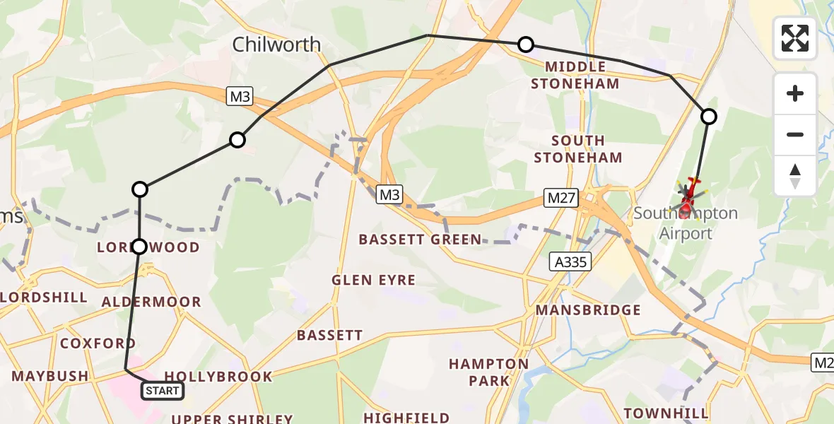 Flight route Air Ambulance Helicopter University Hospital Southampton - Southampton Airport, 05 September 2026, 15:56