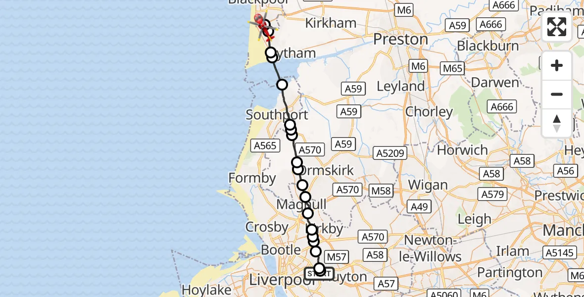 Flight route Air Ambulance Helicopter Knotty Ash - Blackpool Airport, 05 September 2026, 15:59