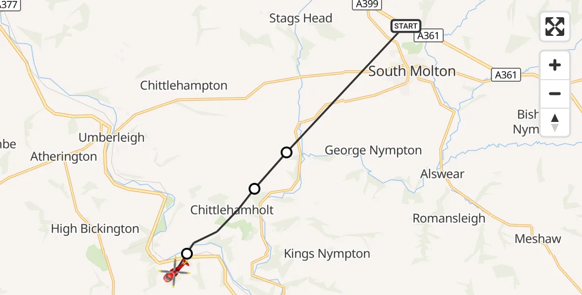 Flight route Air Ambulance Helicopter South Molton - Burrington, 05 September 2026, 16:02