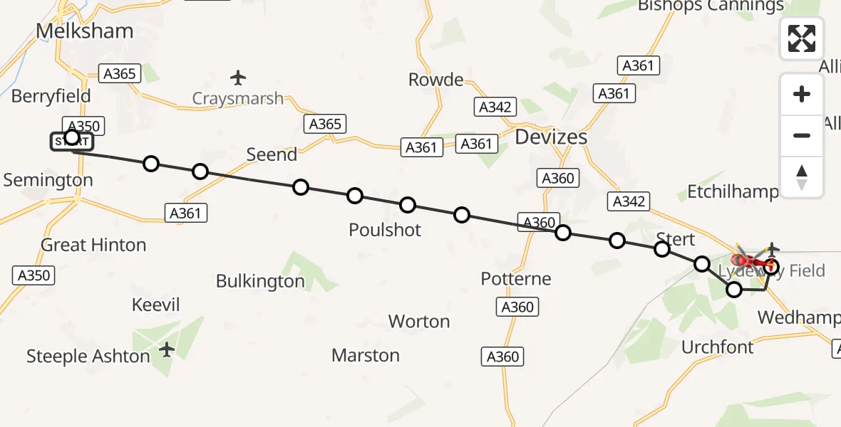 Flight route Air Ambulance Helicopter Wiltshire Air Ambulance - Lydeway Field, 05 September 2026, 16:03