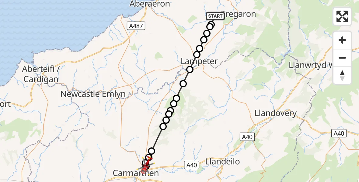 Flight route Air Ambulance Helicopter Llangeitho - Peniel, 05 September 2026, 16:03