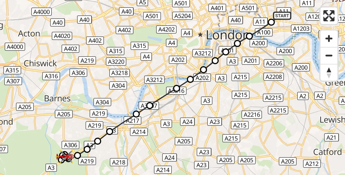 Flight route Air Ambulance Helicopter Royal London Hospital - Roehampton, 05 September 2026, 16:07