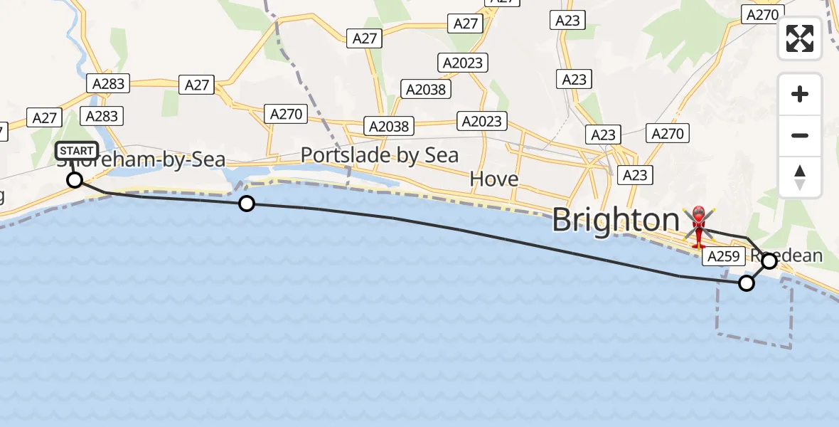 Flight route Air Ambulance Helicopter Brighton City Airport - Brighton, 05 September 2026, 16:09