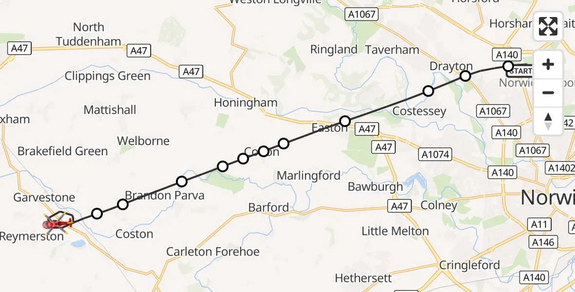 Flight route Air Ambulance Helicopter Norwich Airport - Thuxton, 05 September 2026, 16:14